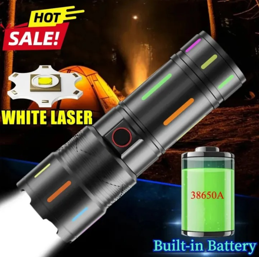 High Power White Laser LED Flashlight with Luminous Strips 3000 Meter Long-Range TYPE-C Rechargeable Zoomable Camping Lamp